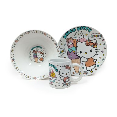 SET SCOOL CERAMICA X3 PIEZAS BOWL + PLATO + TAZA HELLO KITTY BLANCO