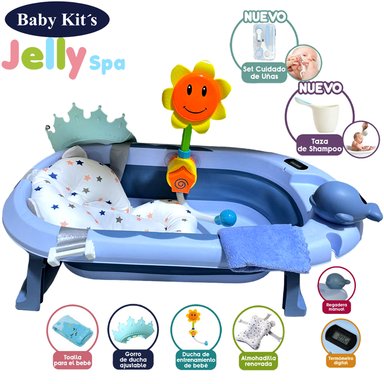 BAÑERA PLEGABLE BABY KITS CON TERMÓMETRO JELLY AZUL + ACCESORIOS