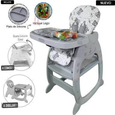 SILLA CARPETA HI BABY GATO 3 EN 1 GRIS CON PLATO Y LEGO