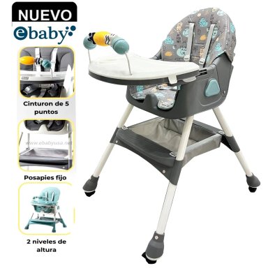 SILLA DE COMER PLEGABLE CON RUEDAS DOBLE BANDEJA LULU GRIS