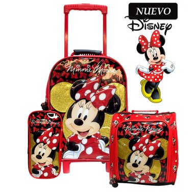 SET DE MOCHILA CON RUEDAS OFICIO LONCHERA Y CARTUCHERA MINNIE ROJO