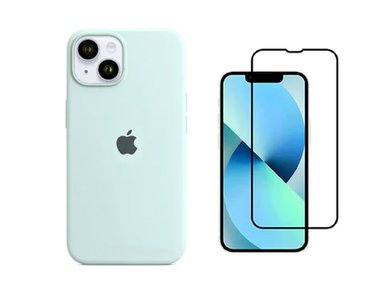 CASE IPHONE 14 SILICONA TURQUESA + MICA VIDRIO COMPLETO - 1