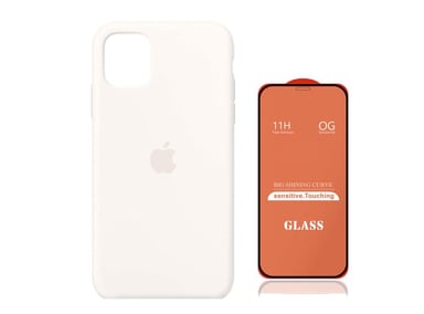 CASE IPHONE 14 PRO MAX SILICONA BLANCO + MICA VIDRIO COMPLETO - 1