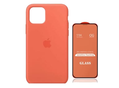 CASE IPHONE 14 PLUS SILICONA NARANJA + MICA VIDRIO COMPLETO - 1