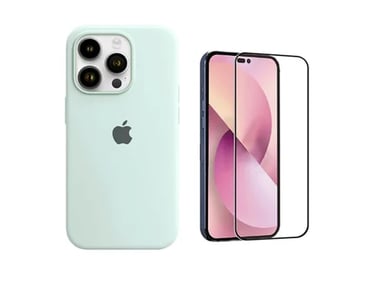 CASE IPHONE 14 PRO SILICONA TURQUESA + MICA VIDRIO COMPLETO - 1