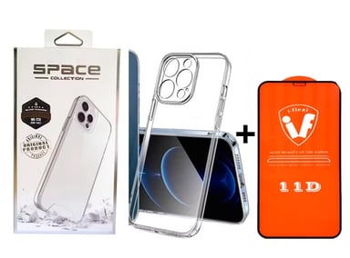 FUNDA CASE SPACE PARA IPHONE 15 PRO C/PROTECTOR DE CÁMARA CLEAR + MICA DE VIDRIO 11D COMPLETO - 1