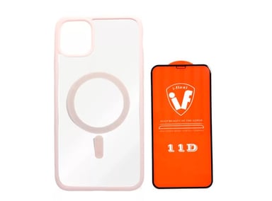 CASE CLEAR CON MAGSAFE MAGNETICO PARA IPHONE 15 PRO MAX ROSA + MICA DE VIDRIO 11D COMPLETO - 1