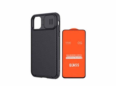 CASE NILLKIN CAMSHIELD PARA IPHONE 15 PRO NEGRO + MICA DE VIDRIO 11D COMPLETO - 1
