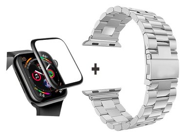CORREA PARA APPLE WATCH 44MM METALICA ESLABON PLATA + MICA DE VIDRIO FULL GLUE 3D COMPLETO - 1
