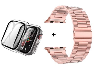 CORREA METALICA ESLABON PARA APPLE WATCH 42MM ROSA + BUMPER CON VIDRIO TRANSPARENTE - 1