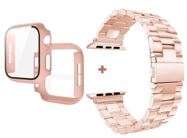 CORREA PARA APPLE WATCH 44MM METALICA ESLABON + BUMPER CON VIDRIO - ROSA GOLD - 1