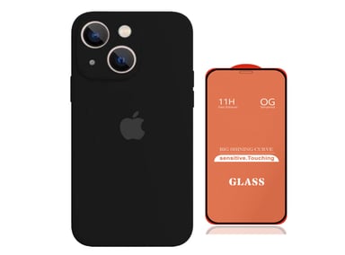 CASE IPHONE 14 SILICONA CON P/CÁMARA NEGRO + MICA DE VIDRIO COMPLETO - 1