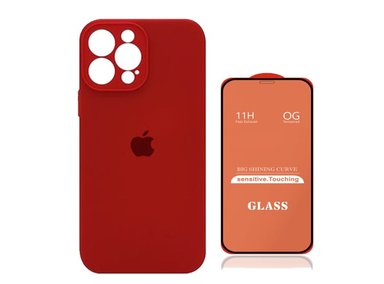 CASE IPHONE 15 PRO SILICONA CON P/CÁMARA ROJO + MICA DE VIDRIO COMPLETO - 1