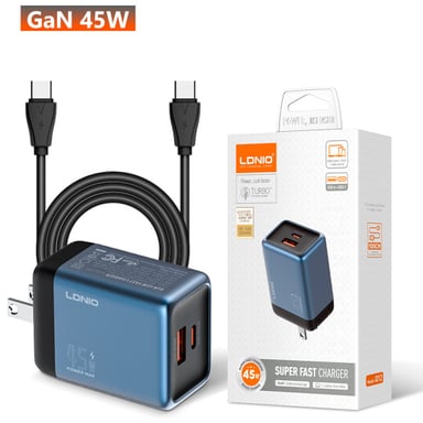 CARGADOR GAN LDNIO Q12 DE 45W CON CABLE C A C SUPER FASR CHARGER - AZUL - 1