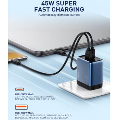 CARGADOR GAN LDNIO Q12 DE 45W CON CABLE C A C SUPER FASR CHARGER - AZUL - 3