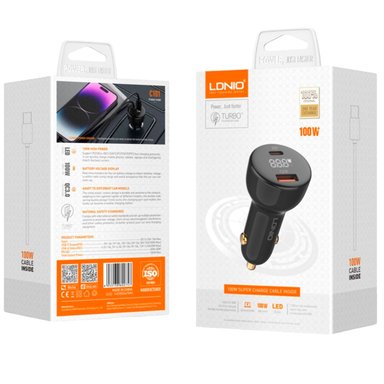 CARGADOR DE AUTO LDNIO C101 DE 100W PANTALLA LED, CABLE C A C - 5