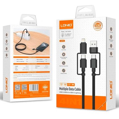 CABLE LDNIO LC16 65W 4-IN-1 FAST CHARGING USB-C LIGHTING TO USB-A USB-C - 2