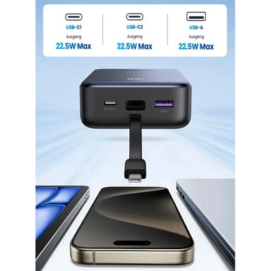 BATERÍA EXTERNA UGREEN 20000 MAH Y 22.5W CON CABLE USB-C INTEGRADO PB505 - 7