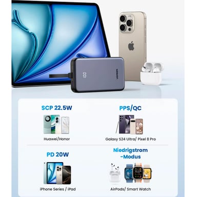 BATERÍA EXTERNA UGREEN 20000 MAH Y 22.5W CON CABLE USB-C INTEGRADO PB505 - 8