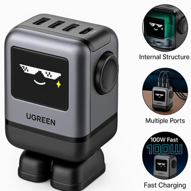 CARGADOR GAN FAST 100W USB-C CON PANTALLA UGREEN X688 NEGRO - 1