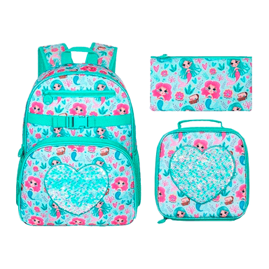 SET MOCHILA SIRENAS VERDE AGUA LONCHERA Y CARTUCHERA SIRENITAS