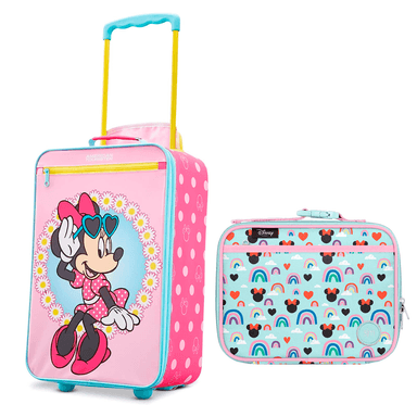 SET MALETA AMERICAN TOURISTER MINNIE MOUSE ROSADO CON RUEDAS Y LOCHERA