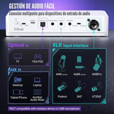 FIFINE - MIXER AMPLIGAME SC8 RGB STREAMING XLR SONIDO 7.1 - WHITE - 4