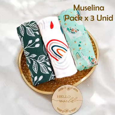 MANTA DE MUSELINA SUAVE PARA BEBÉ ALGODÓN 110 X 120 CM PACK x 3 UNIDADES