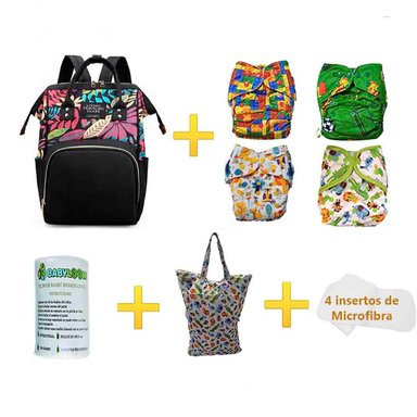PACK PAÑALES INFANTILES BABYLOOM 4 ECOLOGICOS DE TELA E INSERTO ECOLÓGICO UNA MOCHILA ERA 1 WETBAG PARA 1 ROLLO DE BAMBÚ