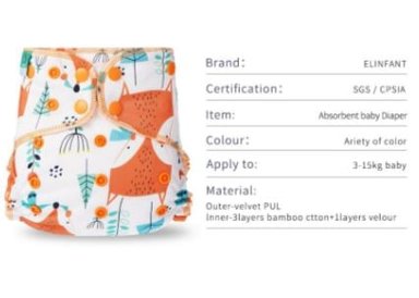 PAÑAL INFANTIL ELINFANT BOLSILLO 5 ECOLOGICOS DE ALGODÓN DE BAMBÚ INCLUYE INSERTO ECOLÓGICO DE TELA PACK ALGODON DE BAMBÚ AI2 - 5