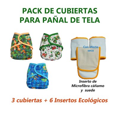 PAÑAL INFANTIL BABYLOOM BOLSILLO 3 CUBIERTAS + 6 INSERTOS ECOLÓGICOS PACK DE CUBIERTAS DE TELA BEBÉS DE 4 A 15 KG