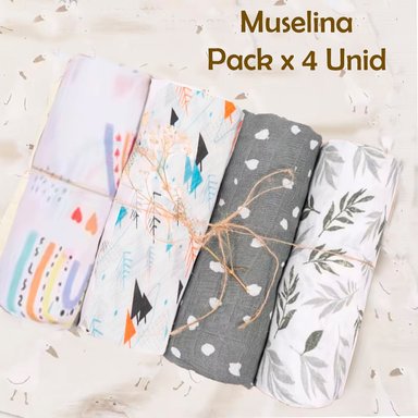 MANTA HAPPY FLUTE MUSELINA MULTICOLOR SUAVE BEBE ALGODÓN PACK X 4 UNIDADES