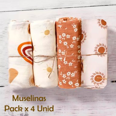 MANTA HAPPY FLUTE MUSELINA MULTICOLOR SUAVE BEBE ALGODÓN CON BAMBÚ PACK X 4 UNIDADES