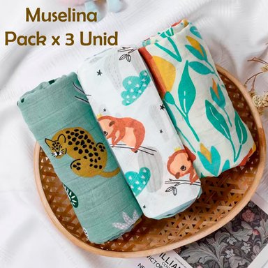 MANTA HAPPY FLUTE MUSELINA MULTICOLOR SUAVE BEBE ALGODÓN PACK X 3 UNIDADES