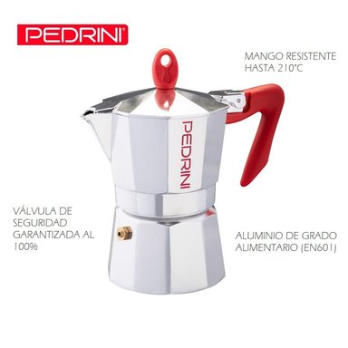 CAFETERA PEDRINI KAFFETTIERA MOKA ITALIANA MANGO ROJO 3TZ - 4