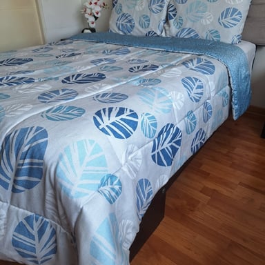 CUBREPLUMON LUJO 2 PLAZAS LINO CELESTE CLARO ESTAMPADOS HOJAS - 2