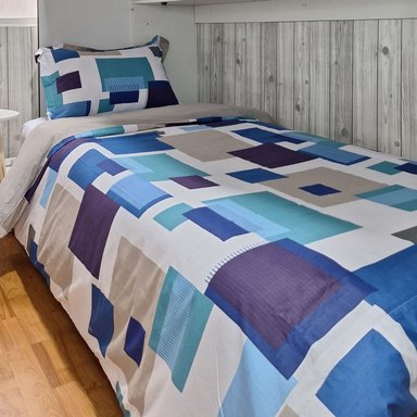 CUBREPLUMON LUJO 1 PLAZA GRIS ESTAMPADOS CUADROS MORADO REVERSIBLE