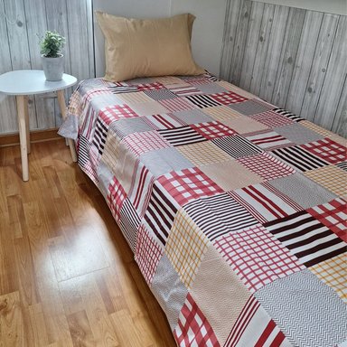 CUBREPLUMON LUJO 1 PLAZA BEIGE ESTAMPADO CUADROS REVERSIBLE