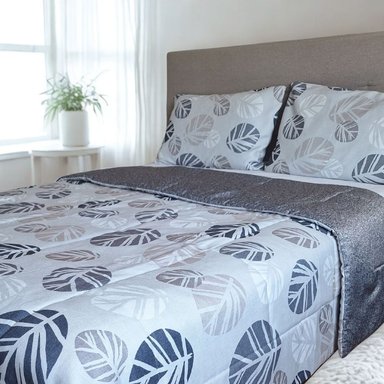 EDREDÓN LUJO HOJAS GRIS 2 PLAZAS REVERSIBLE + SET DE SÁBANAS