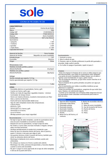 COCINA DE PIE SOLE DUBAI 5 QUEMADORES GLP/GN 76 CM - 4