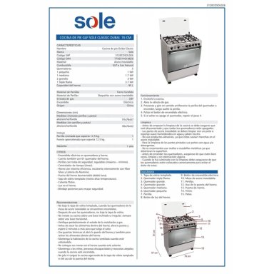 COCINA DE PIE A GAS SOLE CLASSIC DUBAI GLP/GN 76 CM 5 QUEMADORES - 4