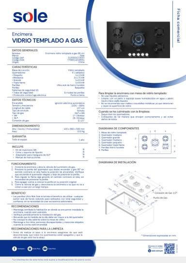 COMBO SOLE COCINA EMPOTRABLE SOLCO033 5 QUEMADORES + HORNO A GAS SOLHO007 + CAMPANA VENUS PLUSS - 12