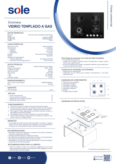 COMBO SOLE COCINA A GAS EMPOTRABLE 4 QUEMADORES SOLCO034 + HORNO A GAS SOLHO007 + CAMPANA VENUS PLUSS - 13