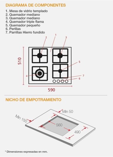 ENCIMERA EMPOTRABLE A GAS SOLE 4 HORNILLAS SOLCO040 - 6