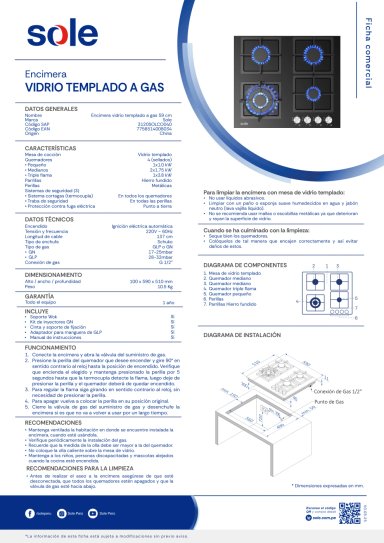 COMBO SOLE COCINA A GAS SOLCO040 + CAMPANA EXTRACTORA TURE63CO - 3