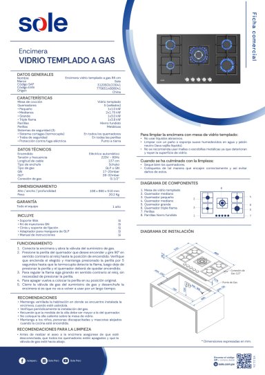 COMBO SOLE COCINA EMPOTRABLE A GAS 5 QUEMADORES SOLCO041 + HORNO ELÉCTRICO 105L SOLHO011 - 5