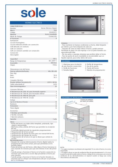COMBO SOLE COCINA EMPOTRABLE A GAS 5 QUEMADORES SOLCO041 + HORNO ELÉCTRICO 105L SOLHO011 - 9