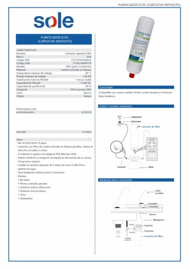 REPUESTO PARA PURIFICADOR SOLE ELITE 3121FILSOL004V2 - 4
