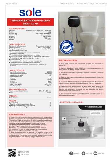 CALENTADOR ELÉCTRICO SOLE RAPICLEAN MAGIC 3.5KW BIDET - 6
