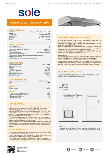 CAMPANA EXTRACTORA SOLE ANCHO 80CM 3120TURE20CO HERA 1 MOTOR ACERO INOXIDABLE - 6